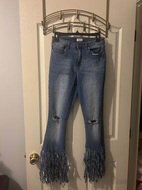 YMI Mid Blue Distressed Flare Jeans with Fringe Hem